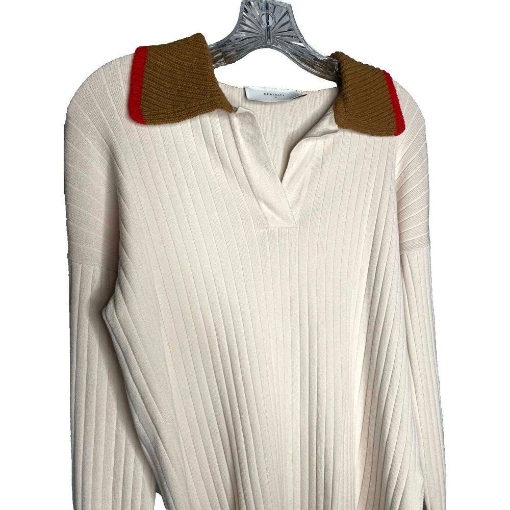 Beatrice .b Wool Blend Cream Brown Red ribbed Sweater Size 2 Made In Italy slits - Picture 2 of 7